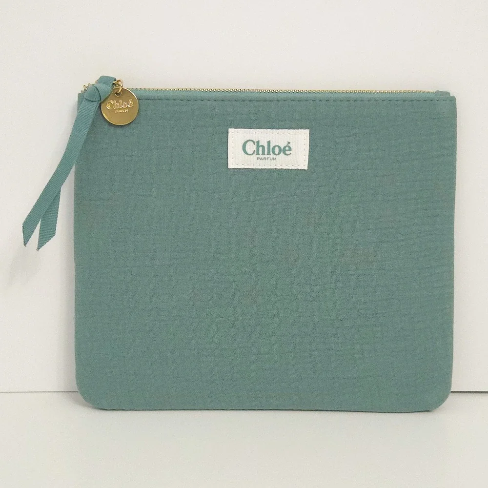 NWT Chloe Parfum Green & Gold Crinkle Fabric Zip Cosmetic Bag / Makeup Pouch